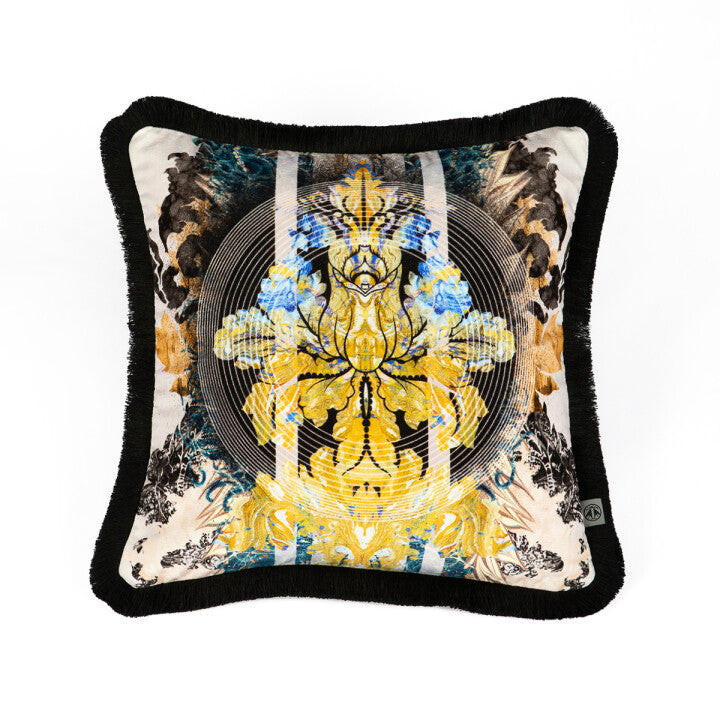 totem damask black and blue velvet fringed cushion by timorous beasties on adorn.house